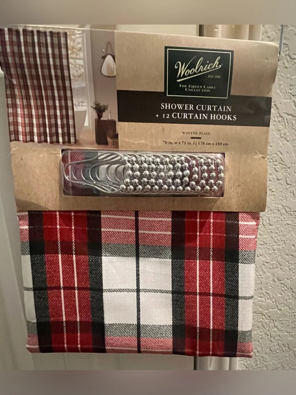 Woolrich Red Black White Plaid Shower Curtain Holiday Preppy with Hooks NEW